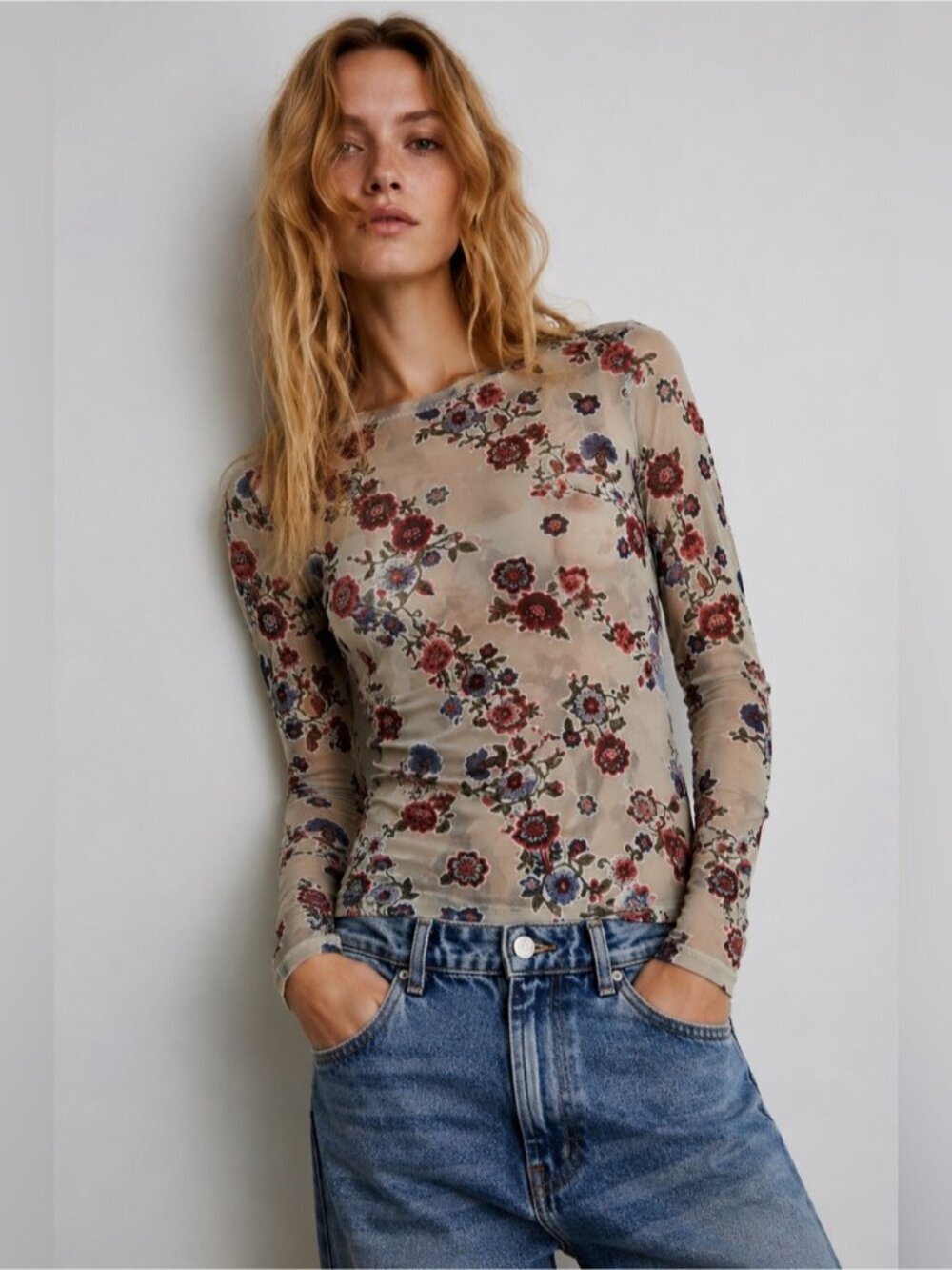 Ginger G Floral Mesh Long Sleeve Top Size L Beige Sheer Stretch Y2K